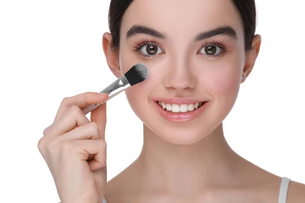 Teenage Girl Makeup Brush White Background — Stock Photo, Image