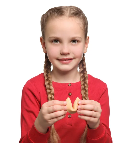 Милая Девушка Держит Вкусное Печенье Предсказанием Белом Фоне — стоковое фото