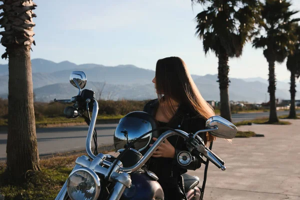 Beautiful Young Woman Helmet Sitting Motorcycle Outdoors — Stock Fotó
