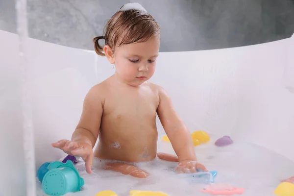 Cute Little Girl Taking Bubble Bath Toys Indoors — Stock Photo, Image