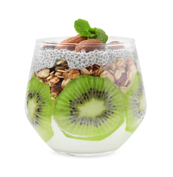 stock image Delicious dessert with kiwi, chia seeds and almonds isolated on white