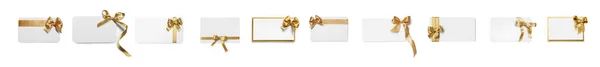 Набор Множества Различных Подарочных Карт Золотыми Бантами Белом Фоне Вид — стоковое фото