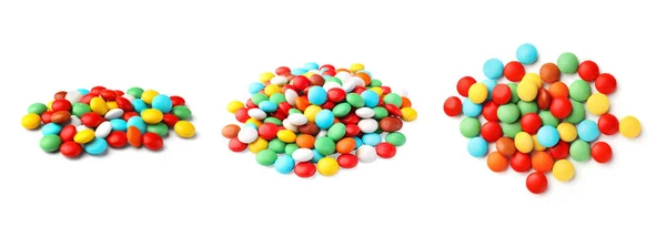 Piles Tasty Candies White Background Collage Design — Stock Photo, Image