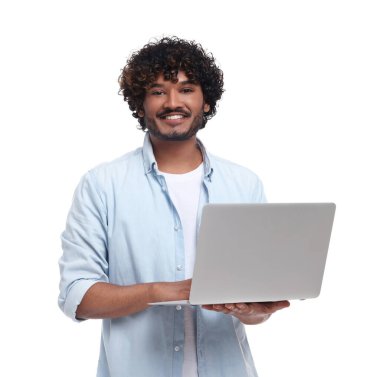 Smiling man with laptop on white background