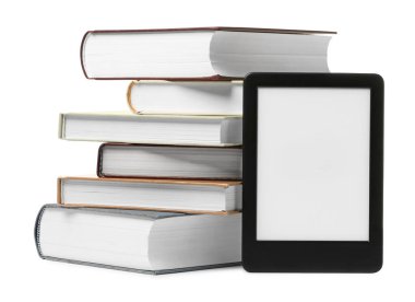 Modern e-book and stack of hardcover books isolated on white