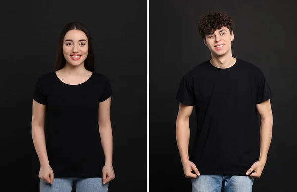 Gente Con Camisetas Negras Sobre Fondo Oscuro Burla Para Diseño — Foto de Stock
