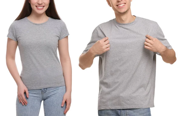 白い背景にグレーのTシャツを着た人たち クローズアップ デザインのためのモックアップ — ストック写真