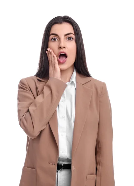 Schöne Emotionale Geschäftsfrau Auf Weißem Hintergrund — Stockfoto