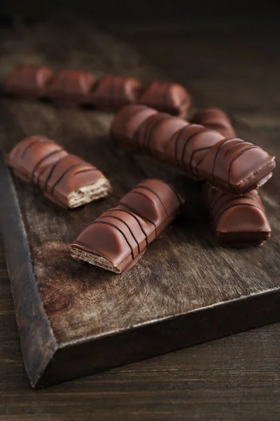 Tasty Chocolate Bars Wooden Table Closeup — Stockfoto
