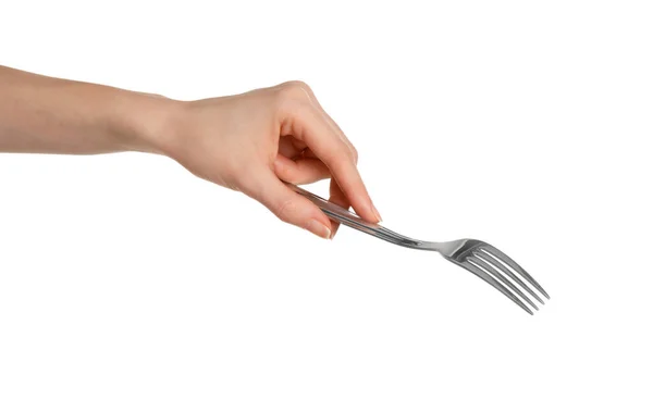 Woman Holding Shiny Silver Fork White Background Closeup — 스톡 사진