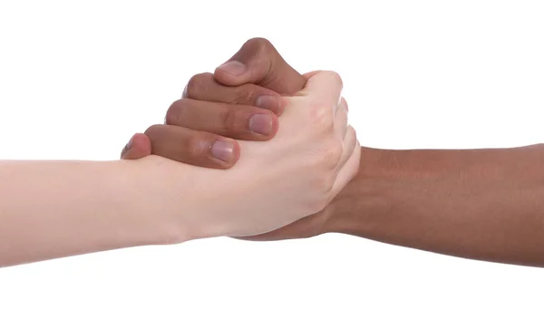 Διεθνείς Σχέσεις Άνθρωποι Σφίγγουν Χέρια Λευκό Φόντο Κοντινό Πλάνο — Φωτογραφία Αρχείου