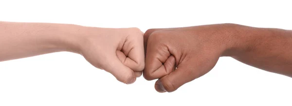 International Relationships People Making Fist Bump White Background Closeup — Stock Photo, Image