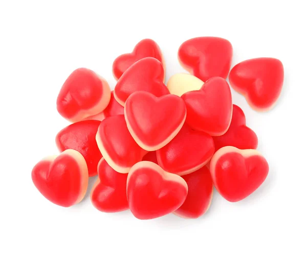Pile Heart Shaped Jelly Candies White Background Top View — Stock Fotó