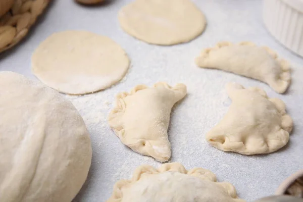 Process Making Dumplings Varenyky Mushrooms Raw Dough Filling White Table — Stock Photo, Image