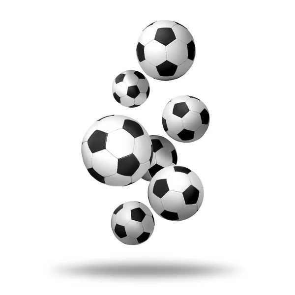 Muitas Bolas Futebol Caindo Fundo Branco — Fotografia de Stock