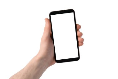 Man holding smartphone with blank screen on white background. Mockup for design
