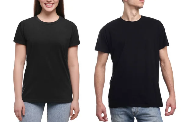 Gente Con Camisetas Negras Sobre Fondo Blanco Primer Plano Burla — Foto de Stock