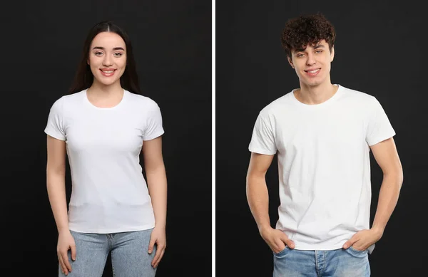 Gente Con Camisetas Blancas Sobre Fondo Negro Burla Para Diseño — Foto de Stock
