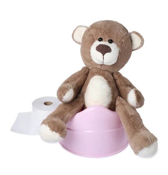 Teddybär Auf Rosa Töpfchen Isoliert Auf Weiß Toilettentraining — Stockfoto