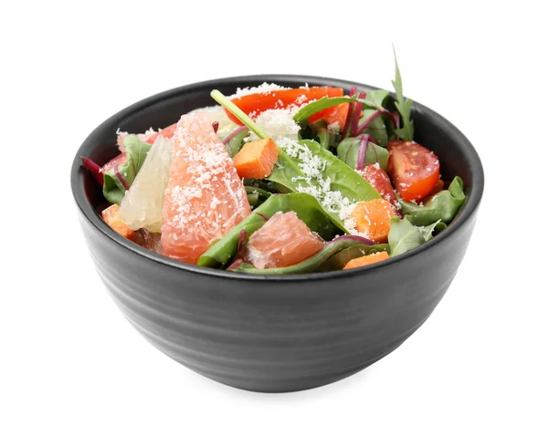 Salada Deliciosa Com Pomelo Camarões Tomates Tigela Sobre Fundo Branco — Fotografia de Stock