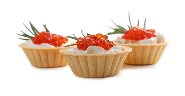 Delicious Tartlets Red Caviar Cream Cheese White Background — Stock Photo, Image