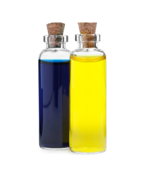 Glazen Flessen Met Verschillende Kleurstoffen Witte Achtergrond — Stockfoto