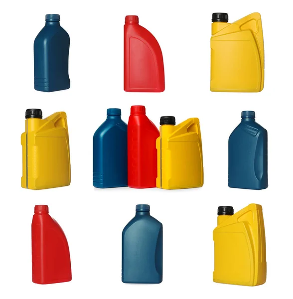 Bunte Behälter Mit Unterschiedlichem Motoröl Auf Weißem Hintergrund Collage Design — Stockfoto
