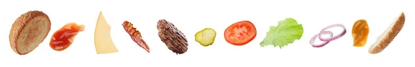 Collage Avec Des Ingrédients Volants Pour Hamburger Sur Fond Blanc — Photo