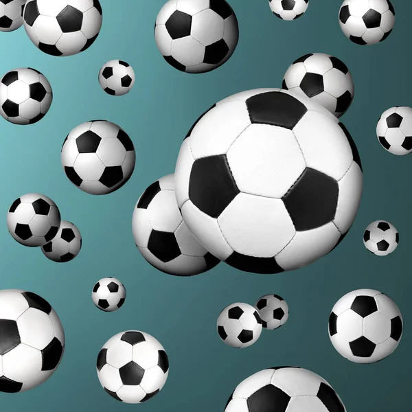 Many Soccer Balls Falling Teal Gradient Background — Stock Photo, Image
