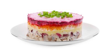 Herring under fur coat salad isolated on white. Traditional Russian dish