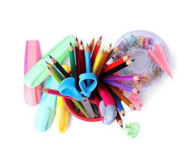 Many different school stationery on white background, top view