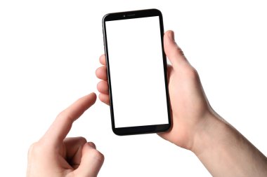 Man holding smartphone with blank screen on white background. Mockup for design