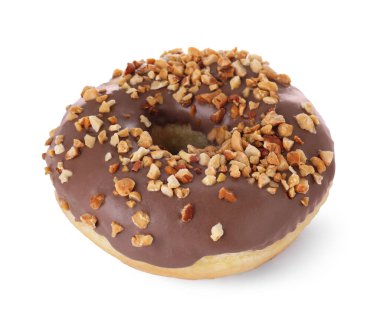 Lezzetli jöleli donut. Beyazların üzerinde fındıkla süslenmiş.