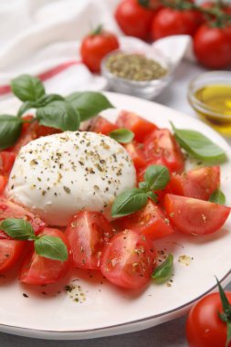 Beyaz tabakta mozarella, domates ve fesleğenli Caprese salatası.