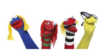 Many colorful sock puppets on white background, collage design clipart