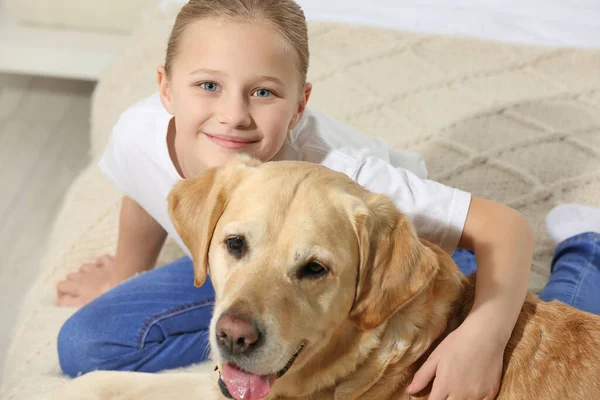 Criança Bonita Com Seu Labrador Retriever Cama Adorável Animal Estimação — Fotografia de Stock