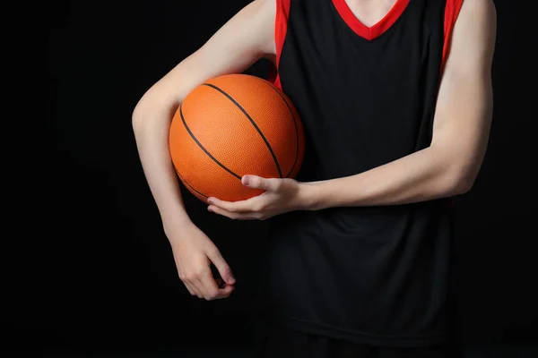 Boy Basketball Ball Black Background Closeup — Zdjęcie stockowe