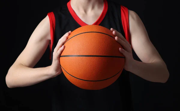 Boy Basketball Ball Black Background Closeup — Zdjęcie stockowe