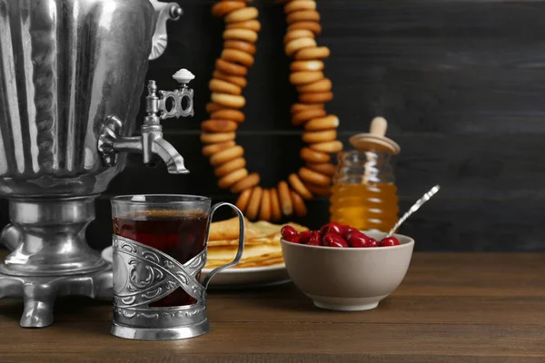Metal Samovar Cup Tea Treats Wooden Table — Stock Fotó