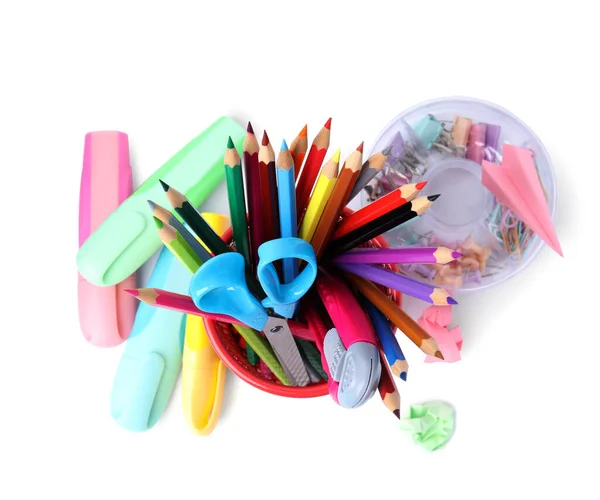 Many Different School Stationery White Background Top View — Foto Stock