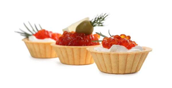 Delicious Tartlets Red Caviar Cream Cheese White Background — Stock Photo, Image