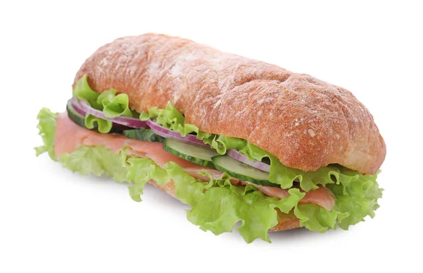Délicieux Sandwich Aux Légumes Frais Saumon Isolé Sur Blanc — Photo