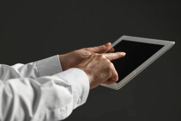 Closeup View Man Using New Tablet Black Background — Stock Photo, Image