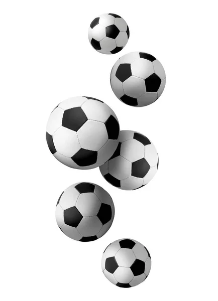 白地に転ぶサッカーボールが多い — ストック写真