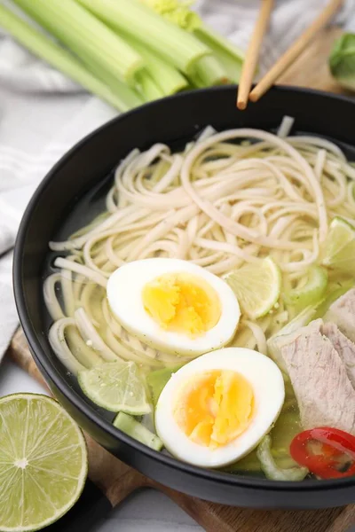 Bowl Delicious Rice Noodle Soup Meat Egg White Table Closeup — Stock Photo, Image