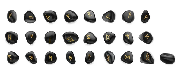 Set Van Zwarte Stenen Runen Witte Achtergrond Waarzeggerstool — Stockfoto