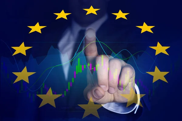 Bolsa Valores Dupla Exposição Com Bandeira Europeia Homem Usando Tela — Fotografia de Stock