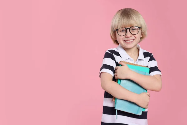 Cute Little Boy Wearing Glasses Books Pink Background Space Text — Stock Photo, Image