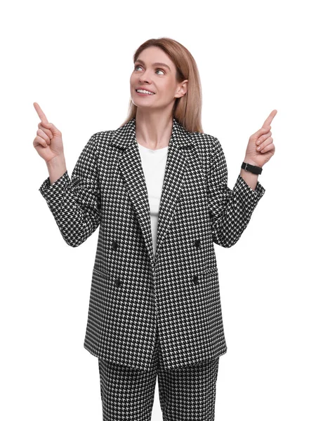 Beautiful Happy Businesswoman Pointing Something White Background — Stock Photo, Image