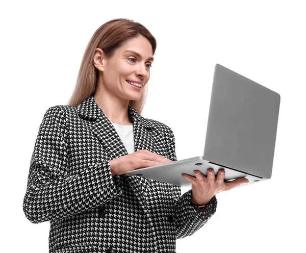 Vacker Glad Affärskvinna Med Bärbar Dator Vit Bakgrund — Stockfoto